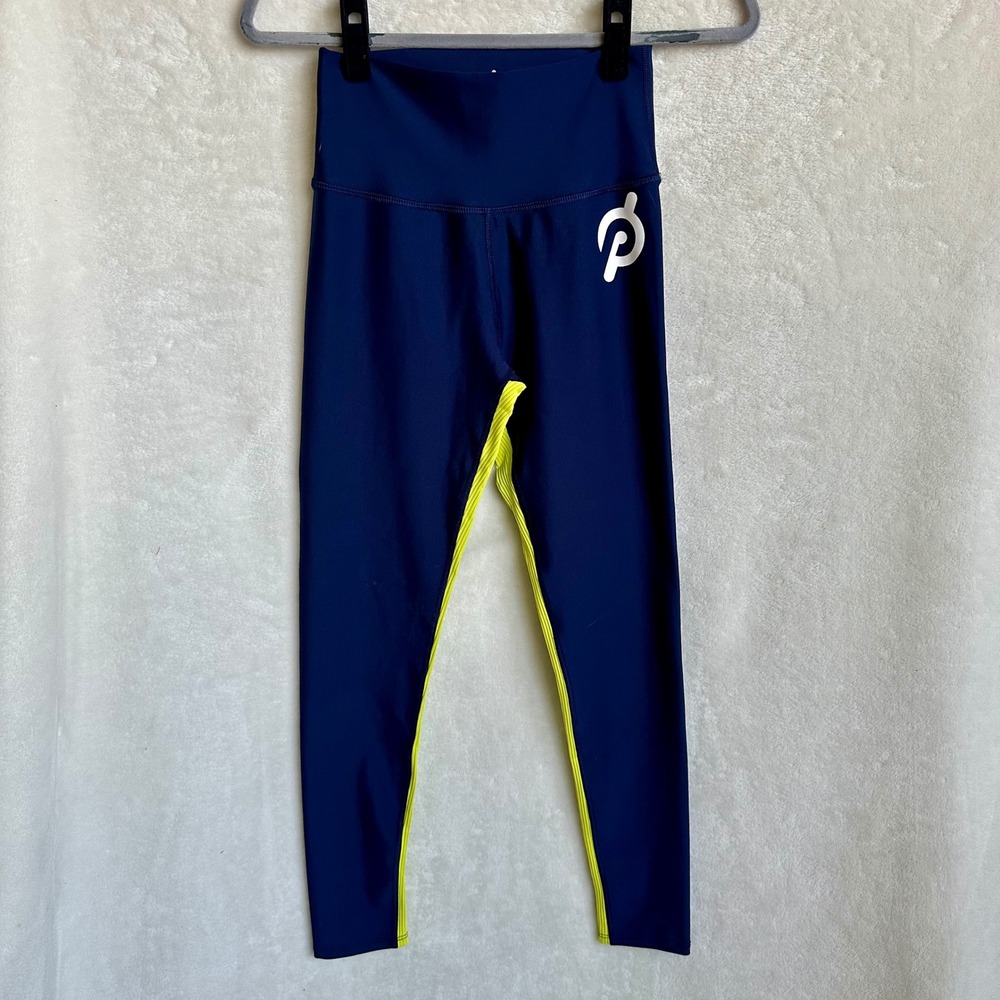 Peloton Show‎ Up Tuxedo Stripe High Rise Leggings Navy Neon Yellow Medium